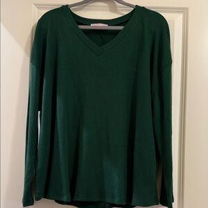 Women's Green Ribbed Knit V-Neck Top